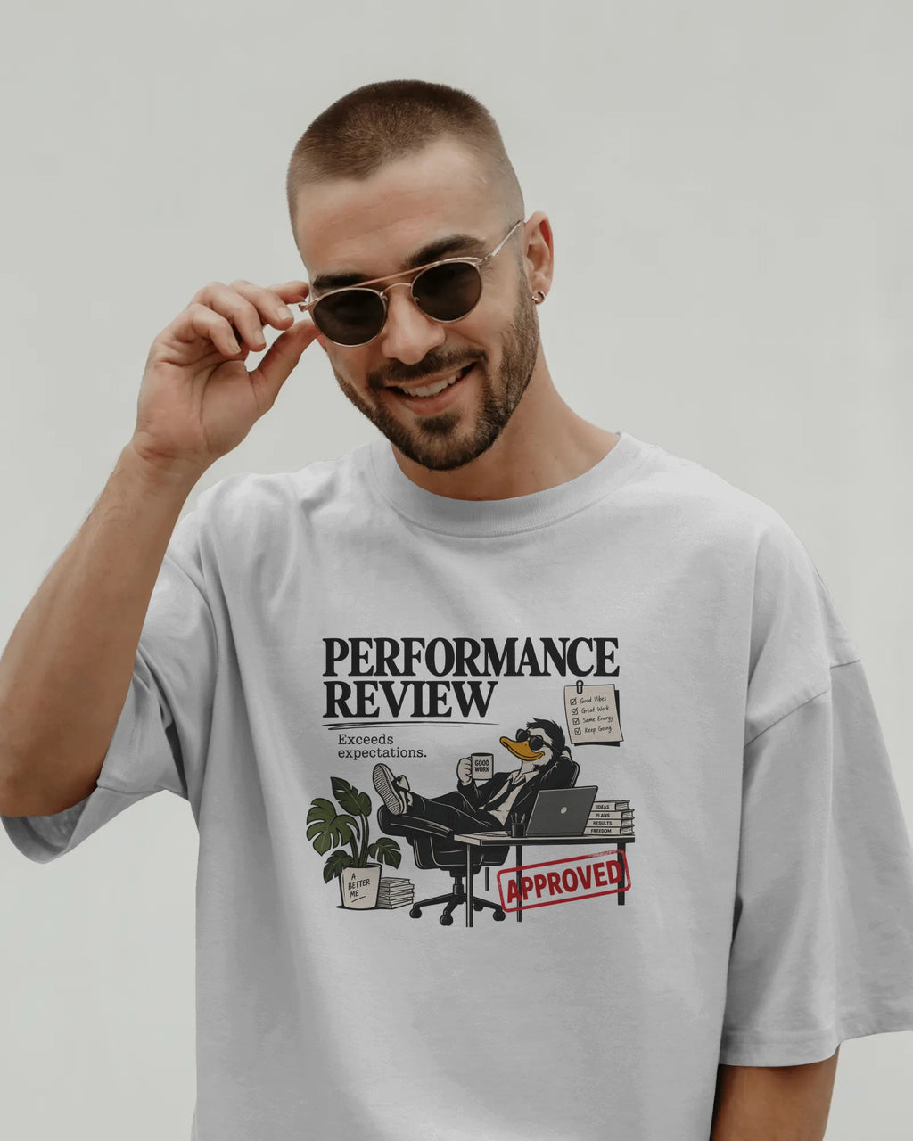 White Performance Review graphic t-shirt front model view