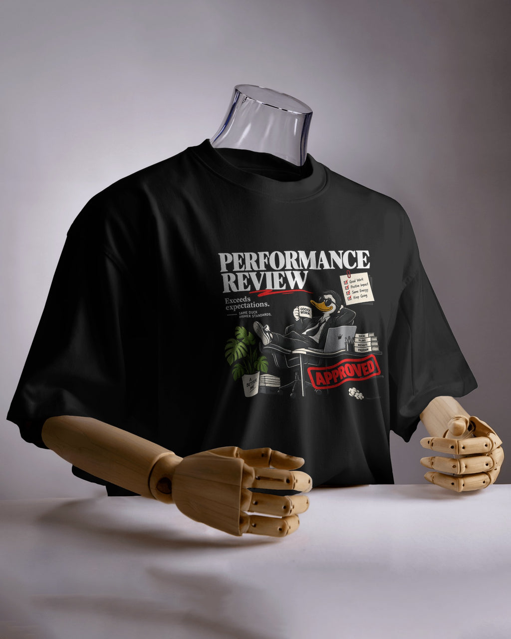 Black Performance Review graphic t-shirt product mockup