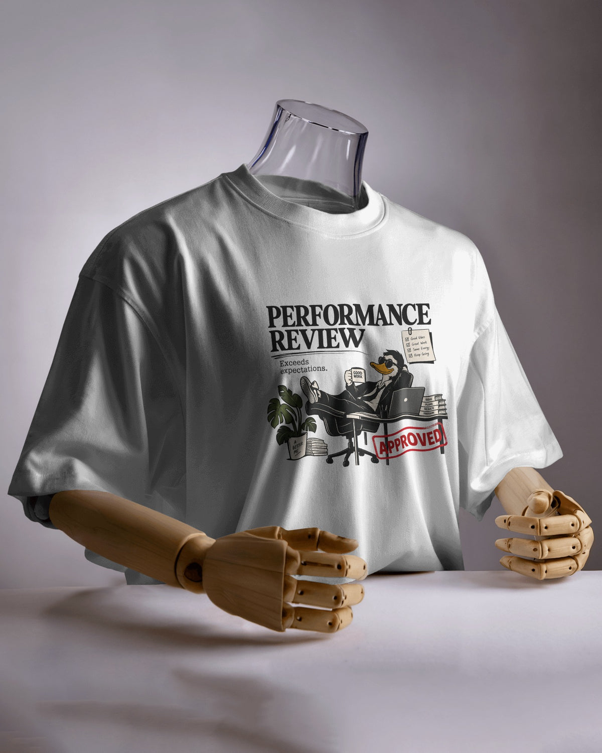 White Performance Review graphic t-shirt product mockup