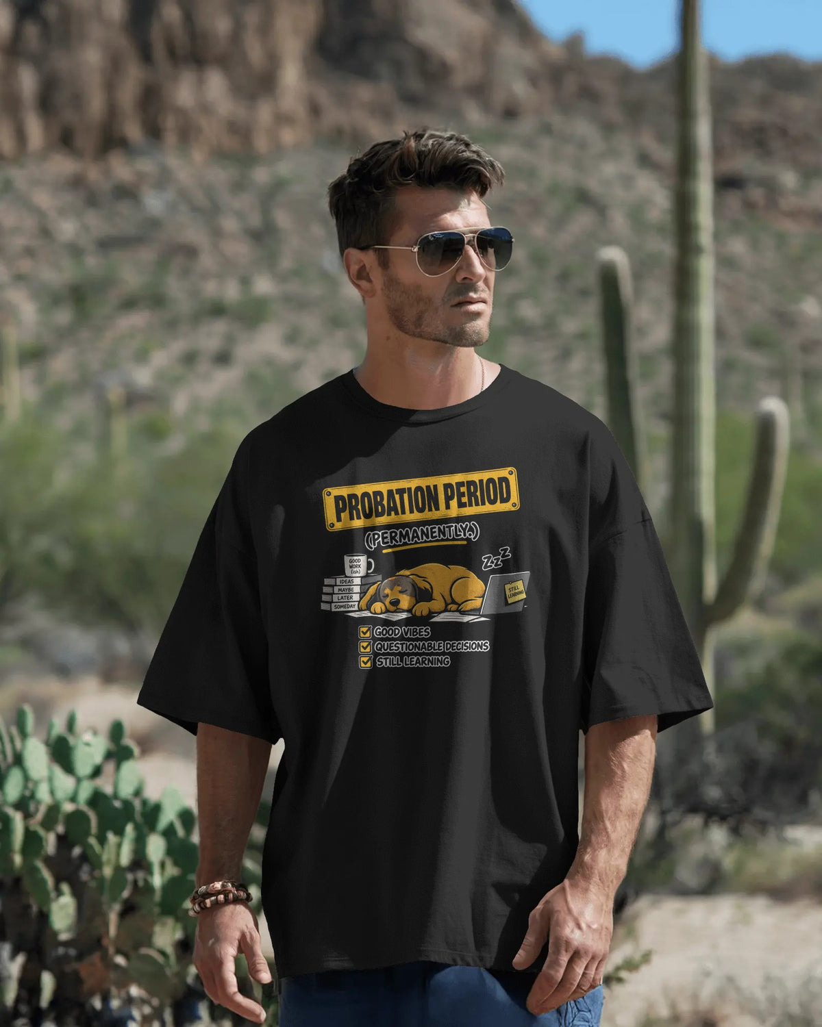 Black Probation Period graphic t-shirt front model view