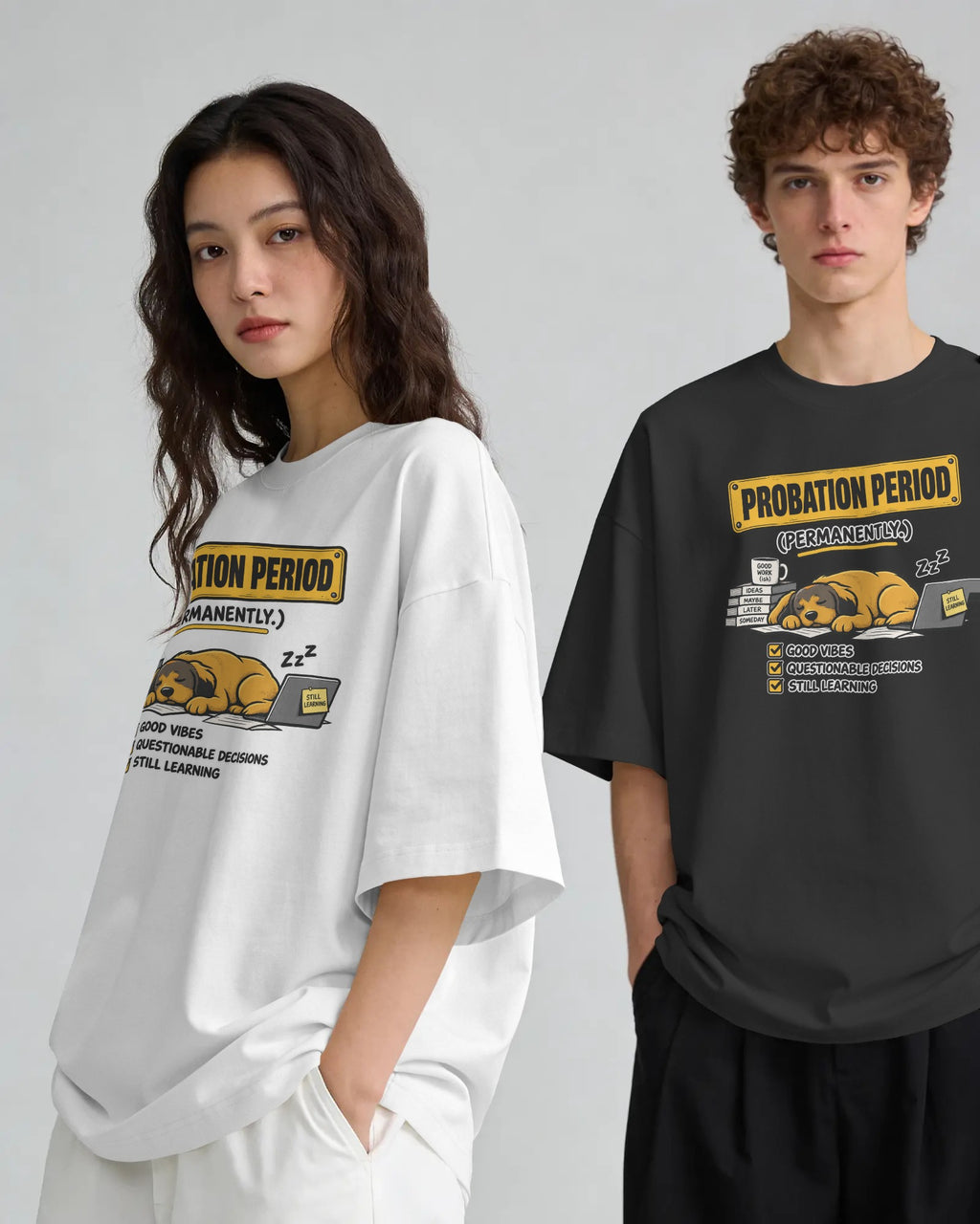 Black and white Probation Period graphic t-shirts on models