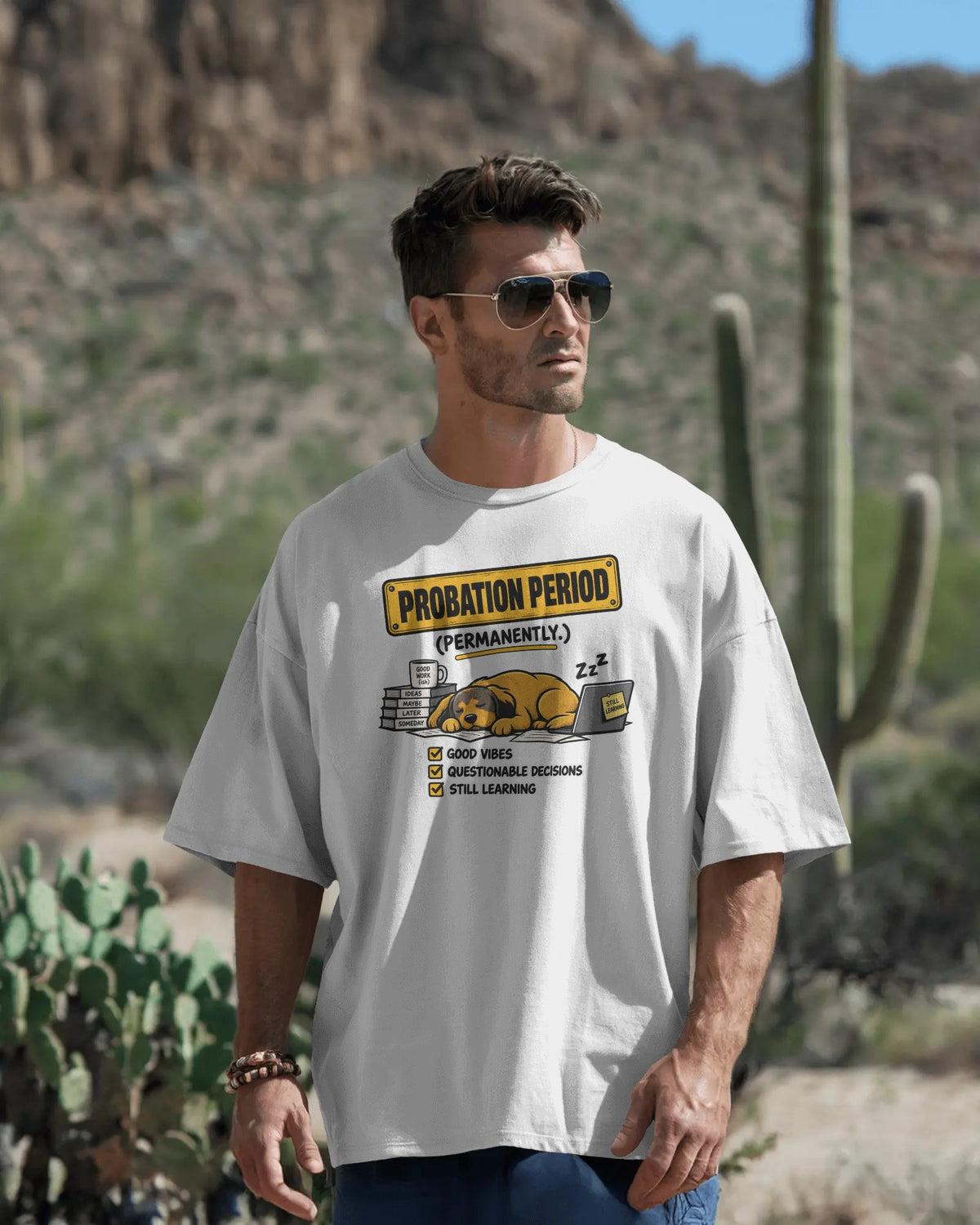 White Probation Period graphic t-shirt front model view