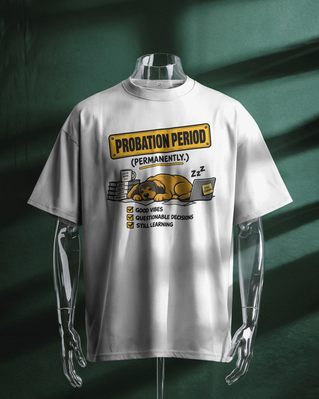 White Probation Period graphic t-shirt product mockup