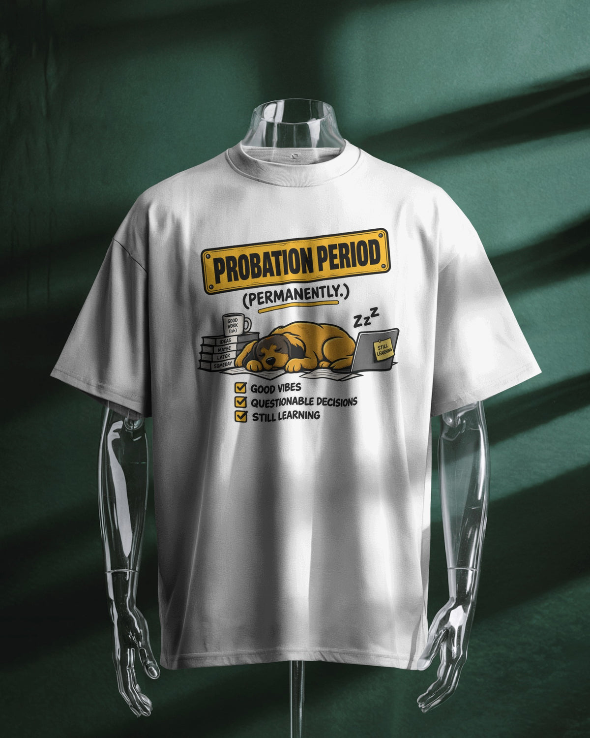 White Probation Period graphic t-shirt product mockup
