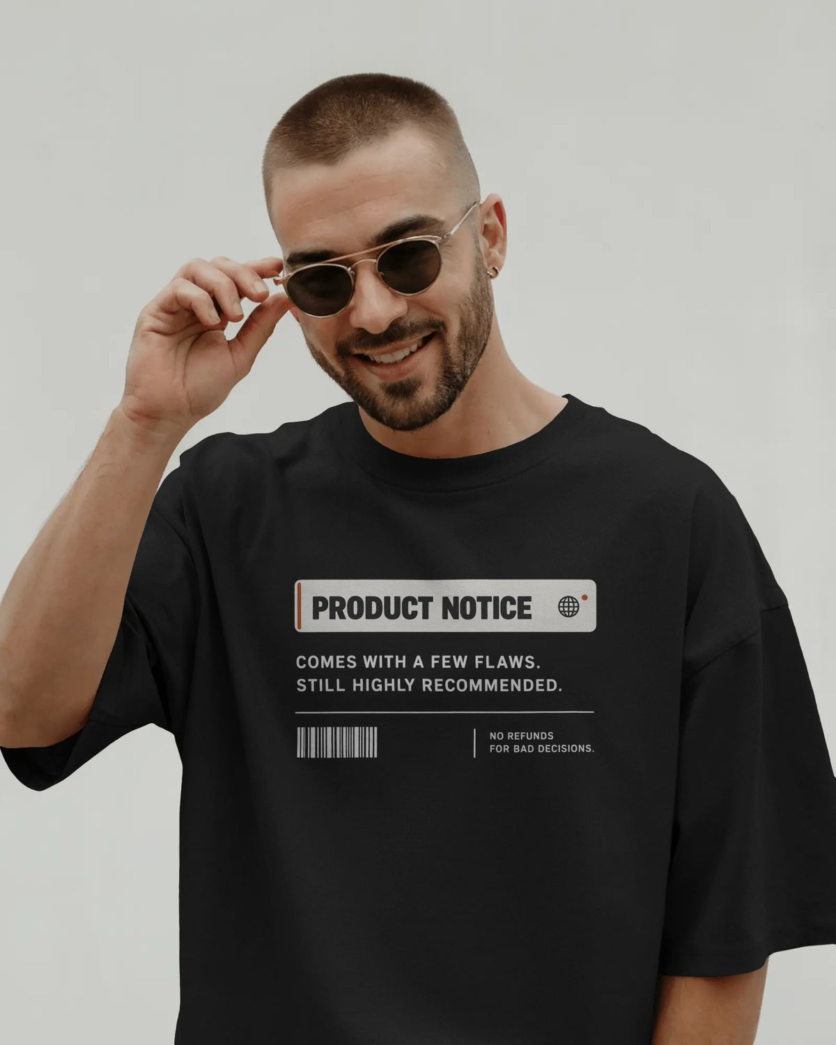 Black Product Notice graphic t-shirt front model view
