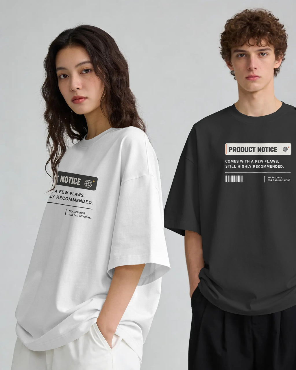 Black and white Product Notice graphic t-shirts on models