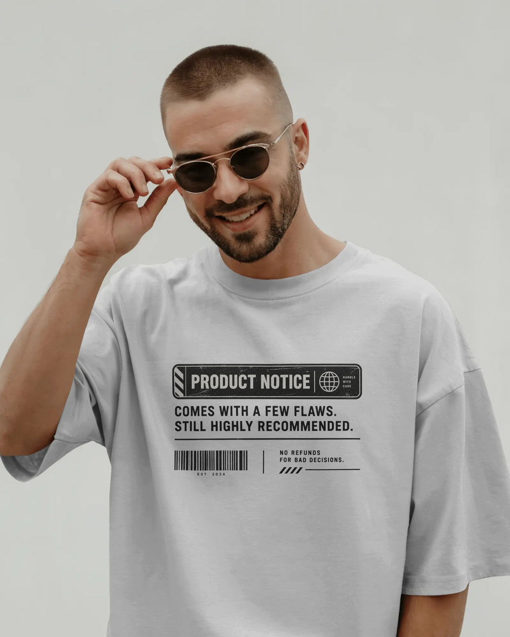 White Product Notice graphic t-shirt front model view