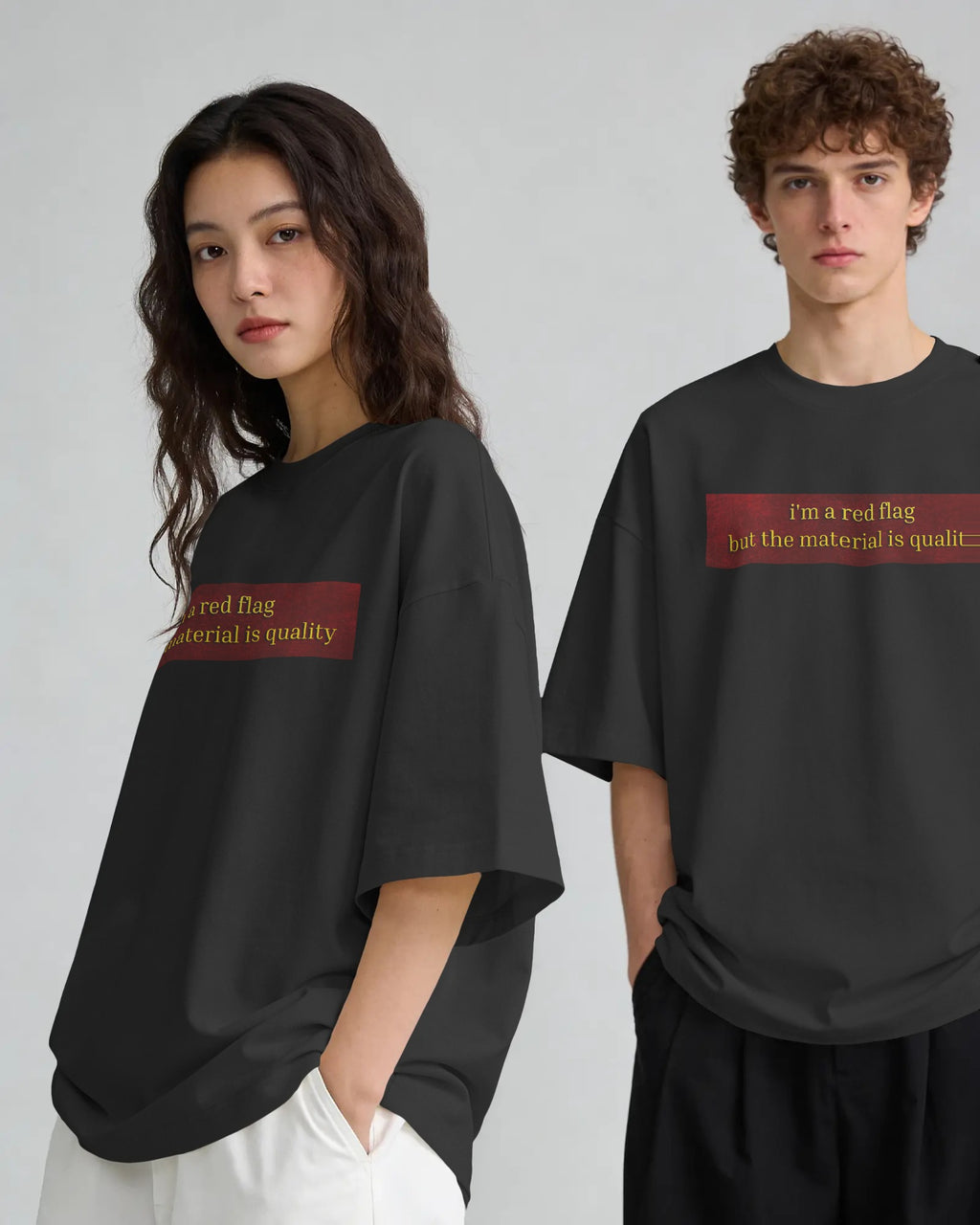 Black and white Red Flag graphic t-shirts on models
