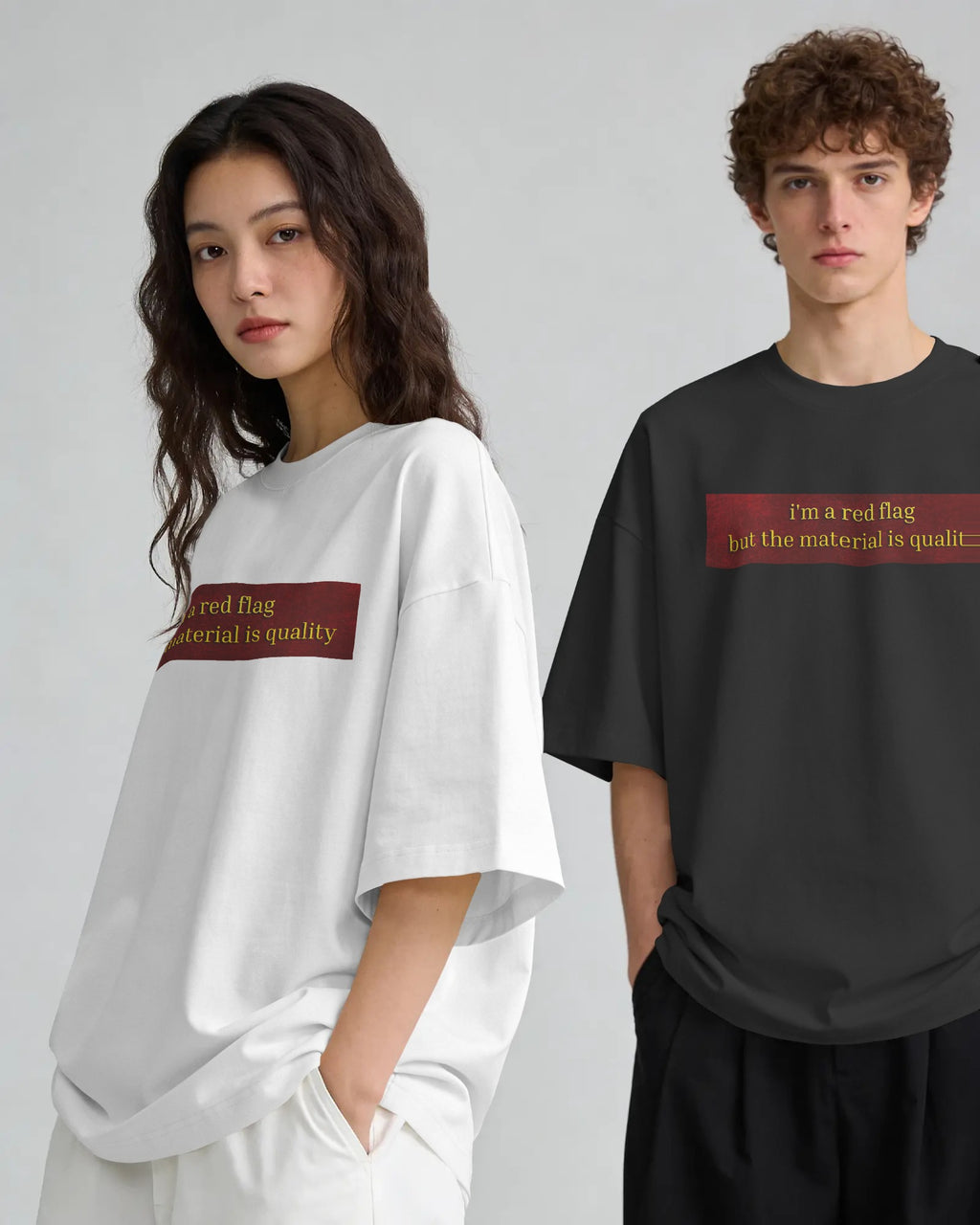 Black and white Red Flag graphic t-shirts on models