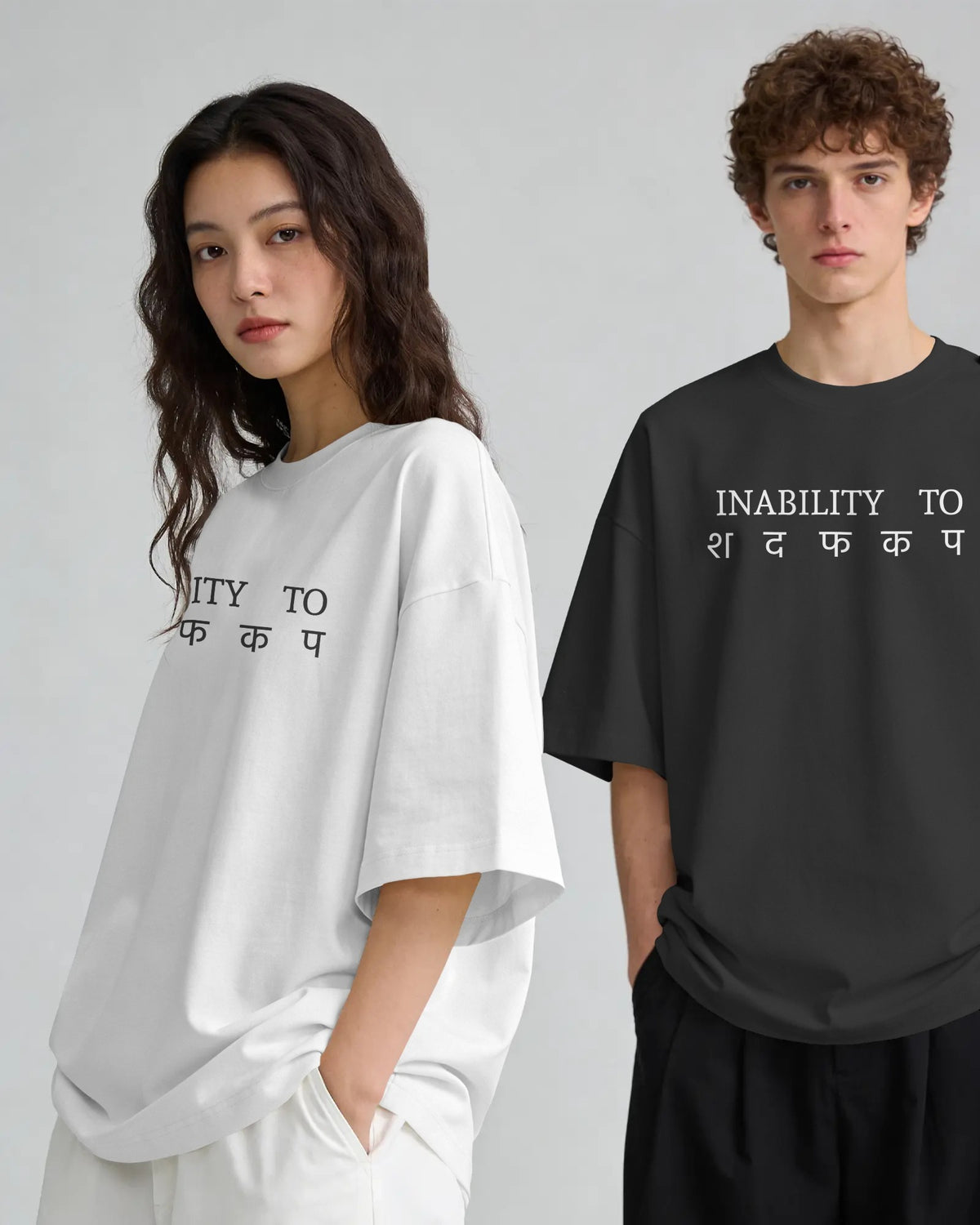 Black and white STFU graphic t-shirts on models
