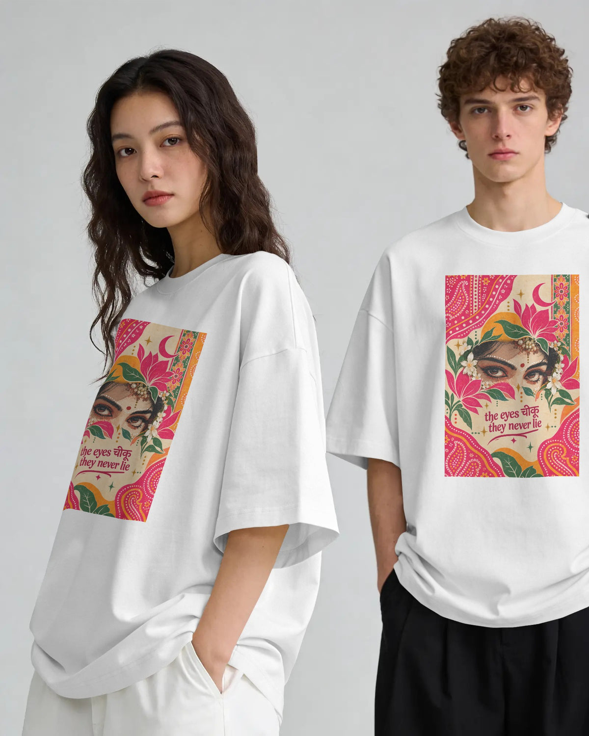 Black and white The Eyes Chiku graphic t-shirts on models