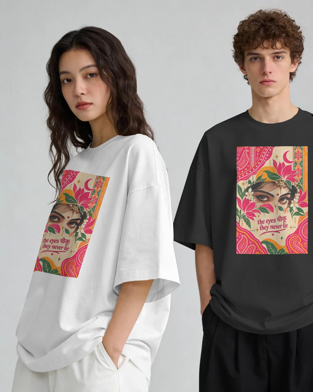 Black and white The Eyes Chiku graphic t-shirts on models