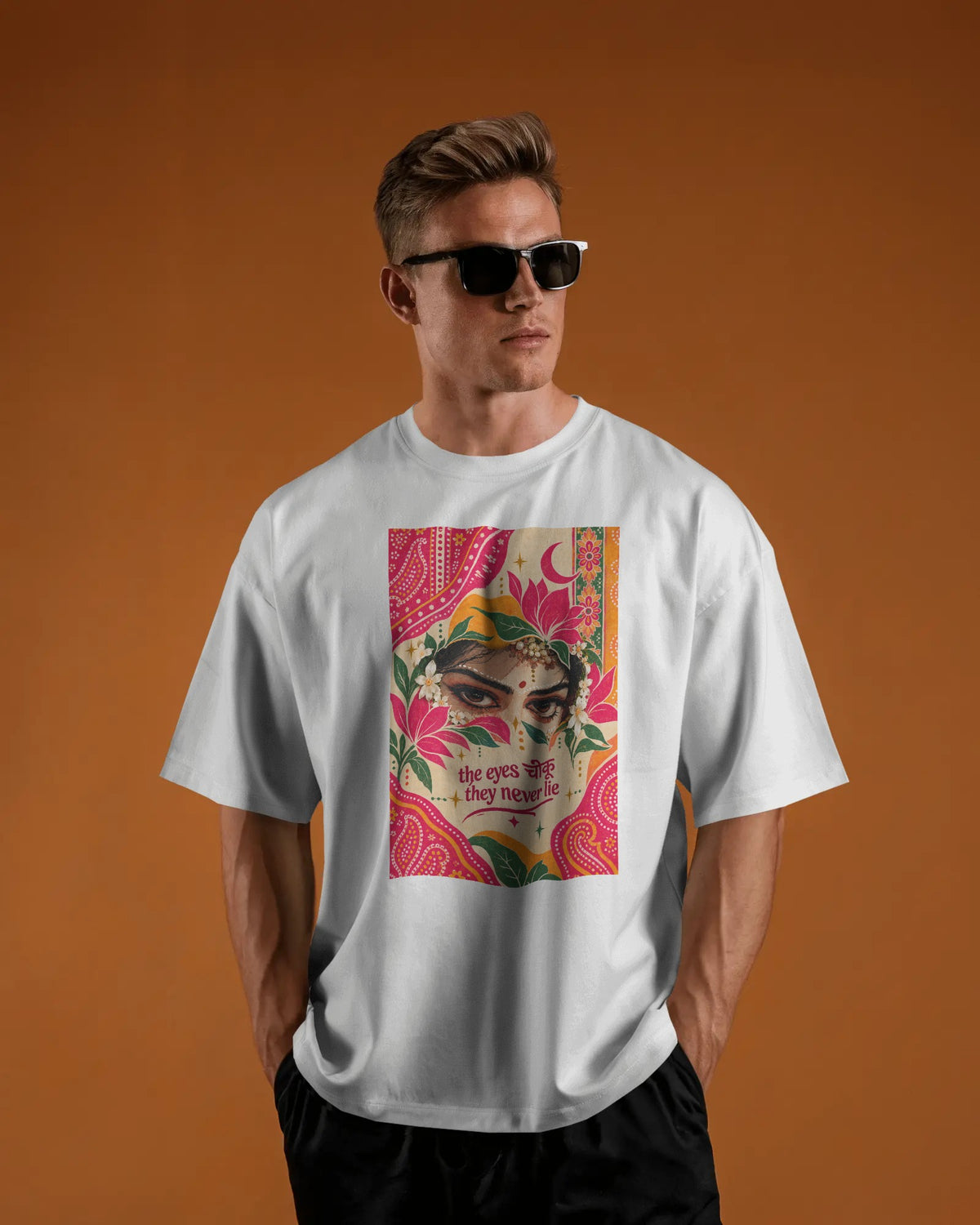 White The Eyes Chiku graphic t-shirt front model view