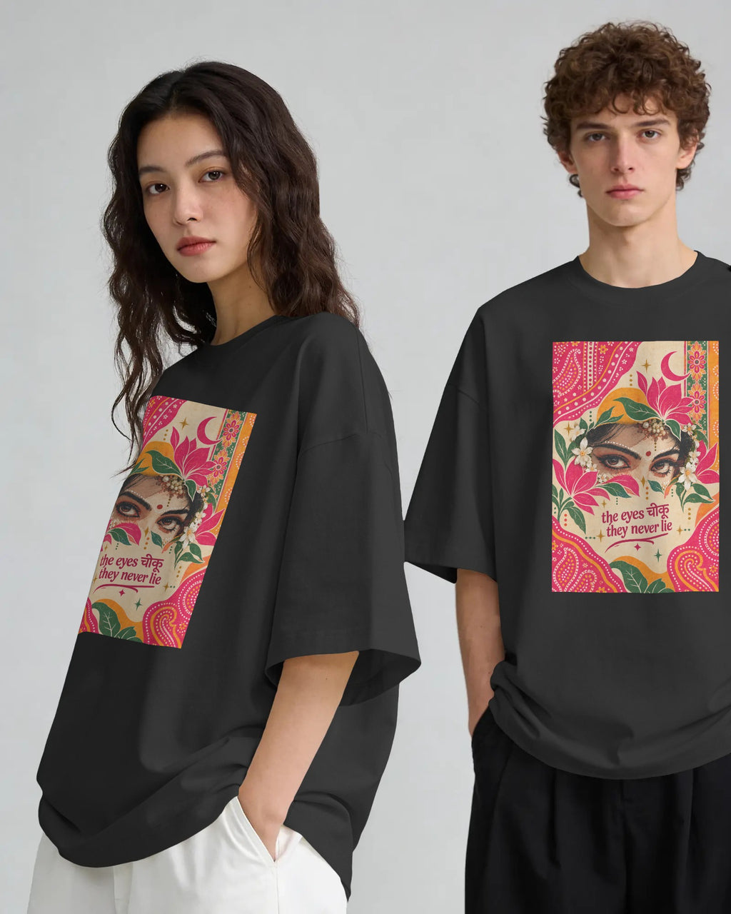 Black and white The Eyes Chiku graphic t-shirts on models