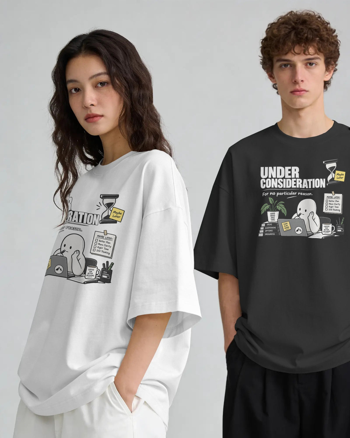 Black and white Under Consideration graphic t-shirts on models