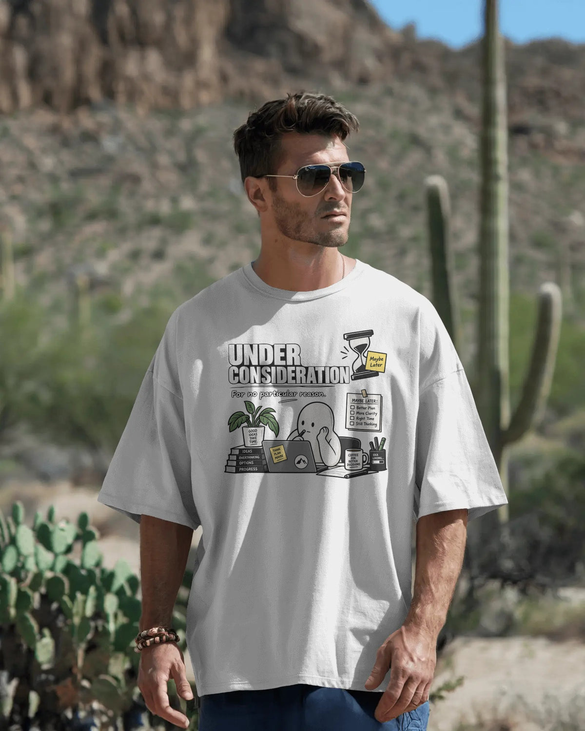White Under Consideration graphic t-shirt front model view