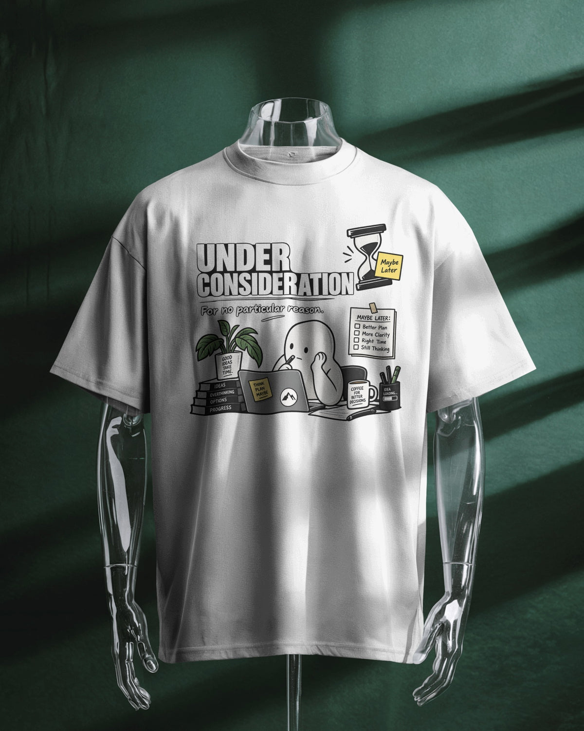 White Under Consideration graphic t-shirt product mockup