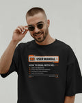 Black User Manual graphic t-shirt front model view