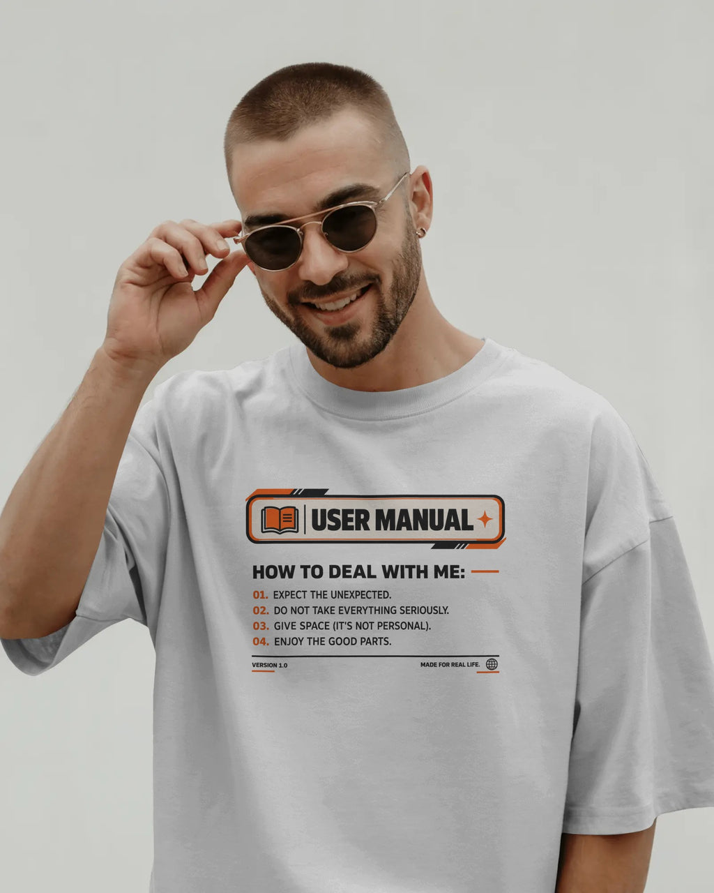 White User Manual graphic t-shirt front model view