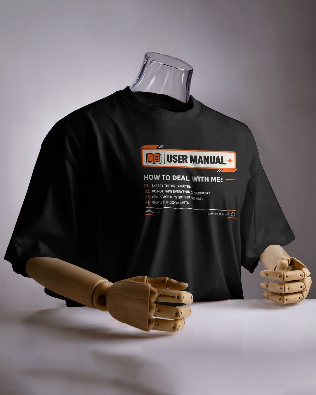 Black User Manual graphic t-shirt product mockup
