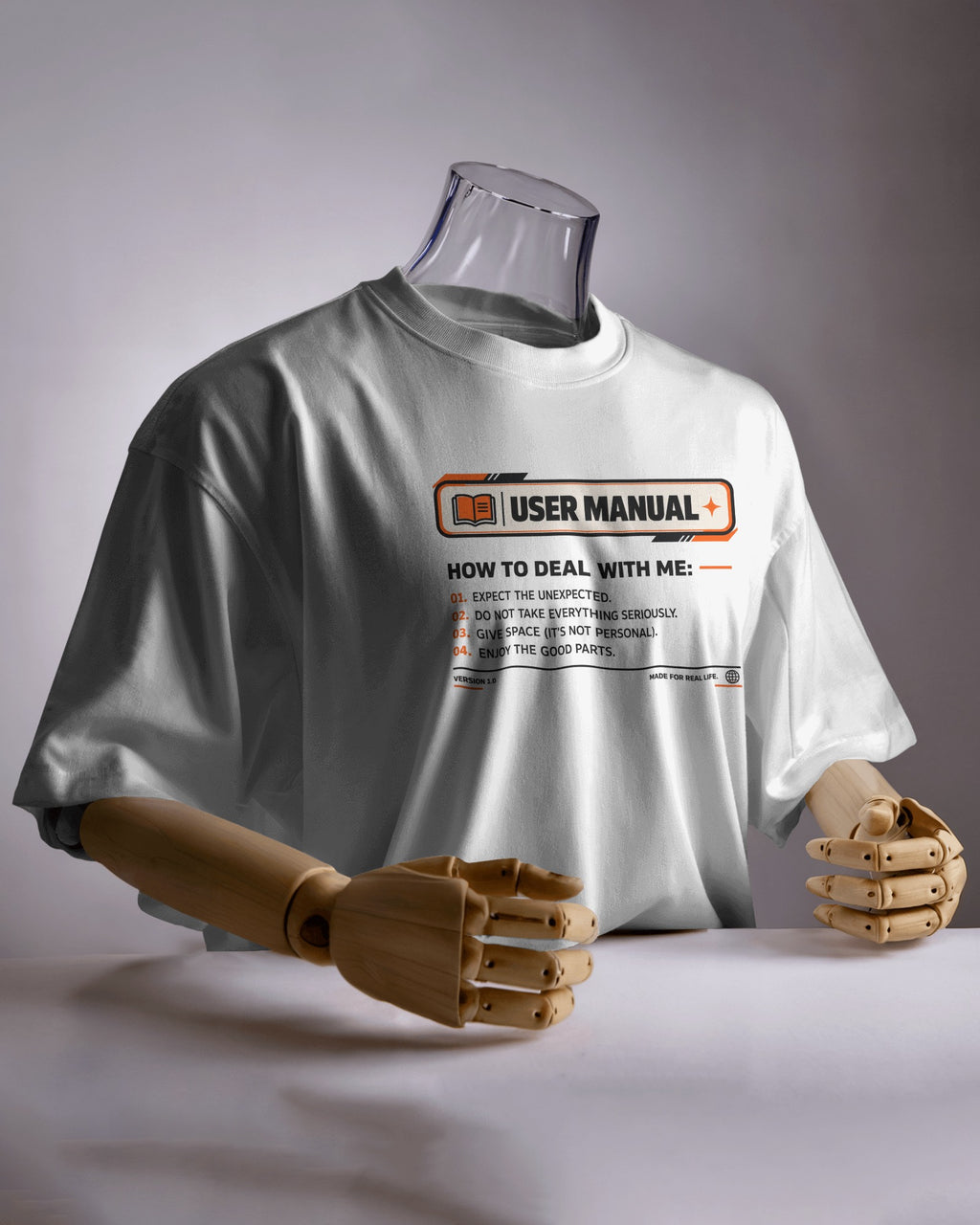 White User Manual graphic t-shirt product mockup