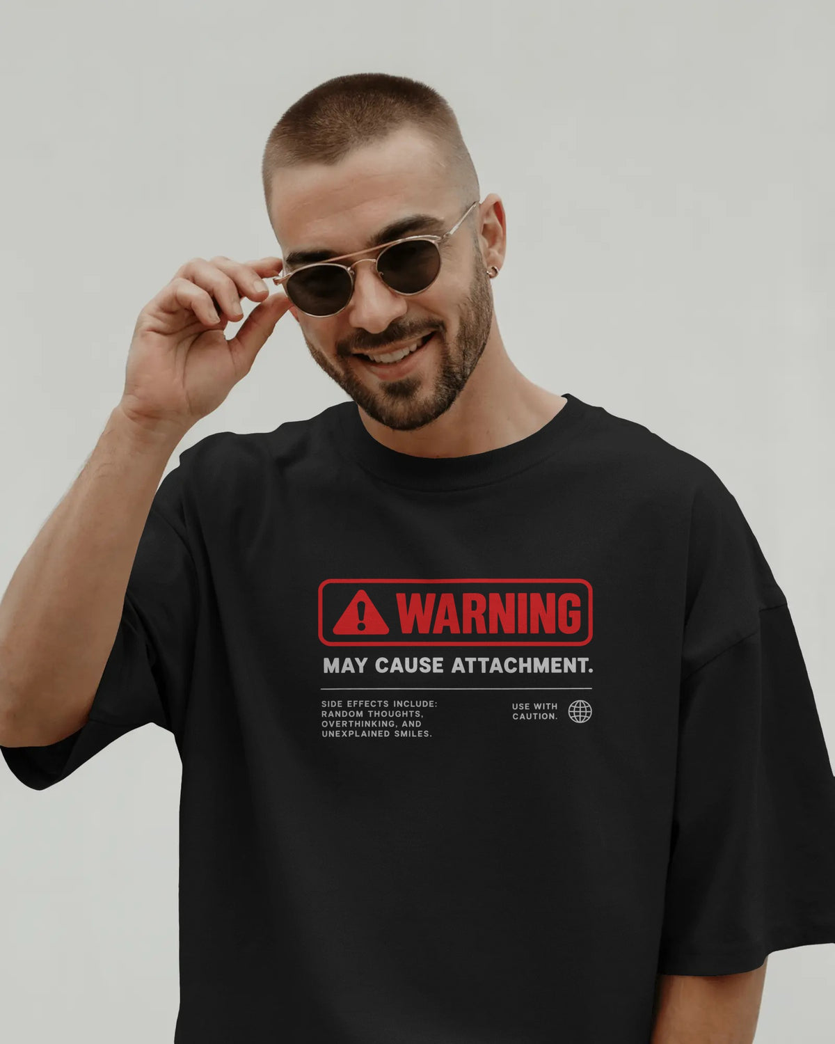 Black Warning graphic t-shirt front model view