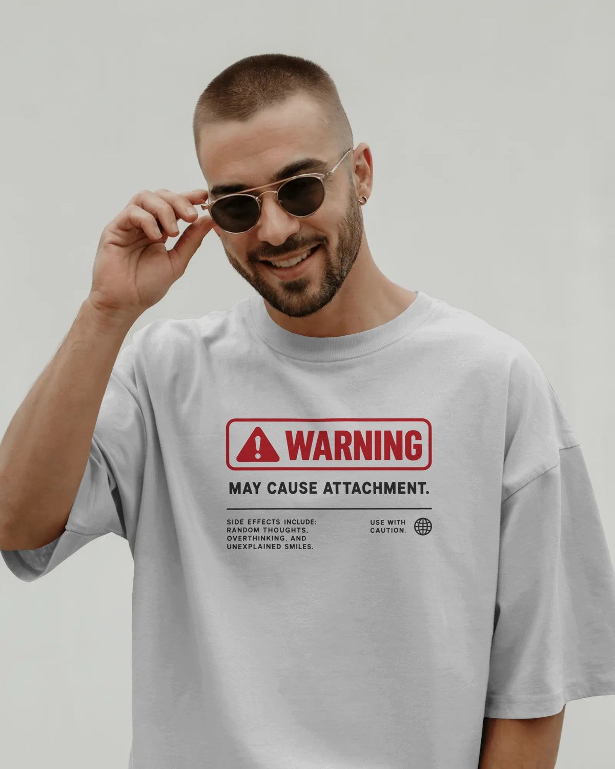 White Warning graphic t-shirt front model view