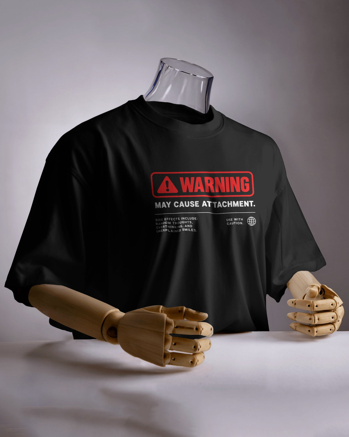 Black Warning graphic t-shirt product mockup