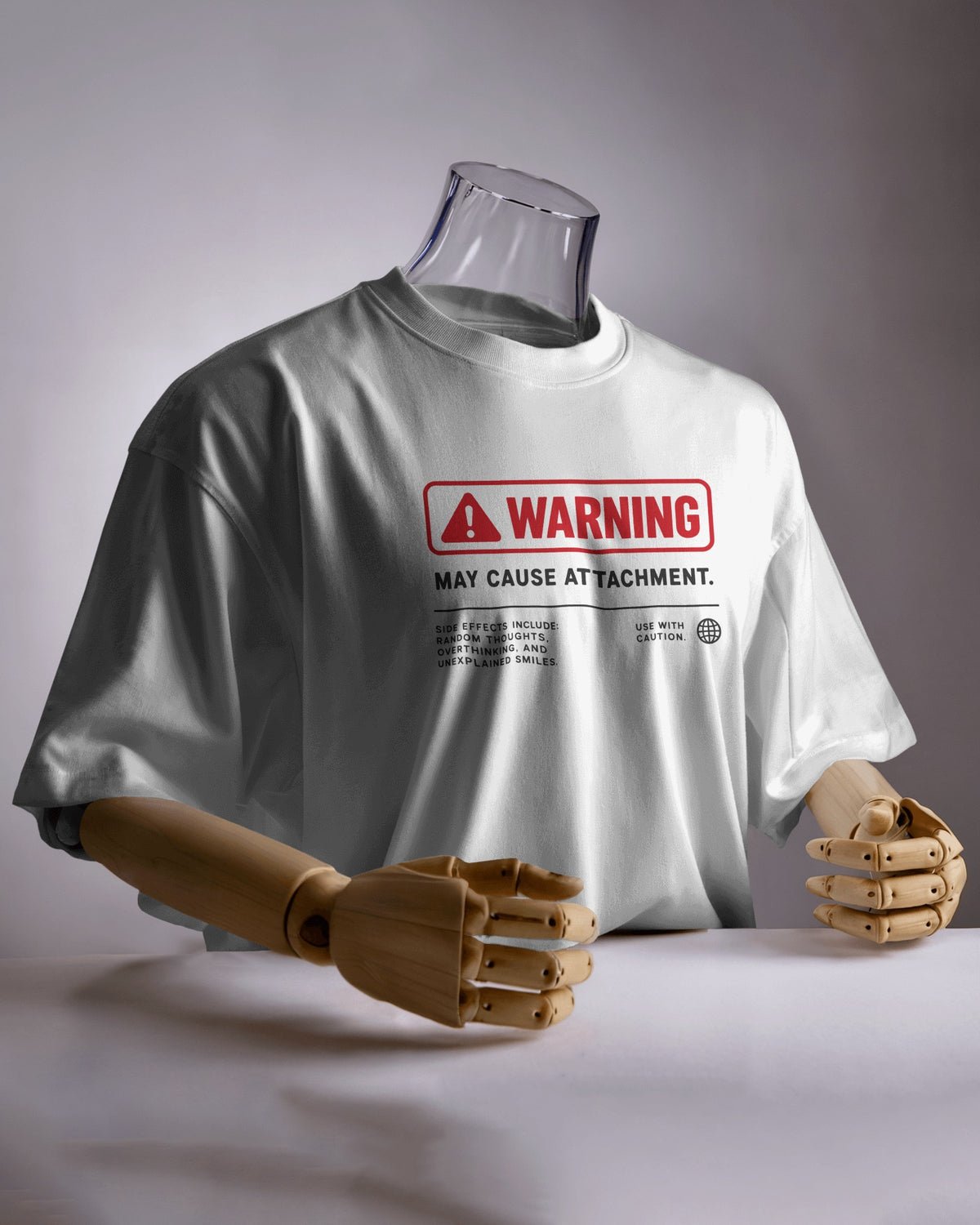 White Warning graphic t-shirt product mockup