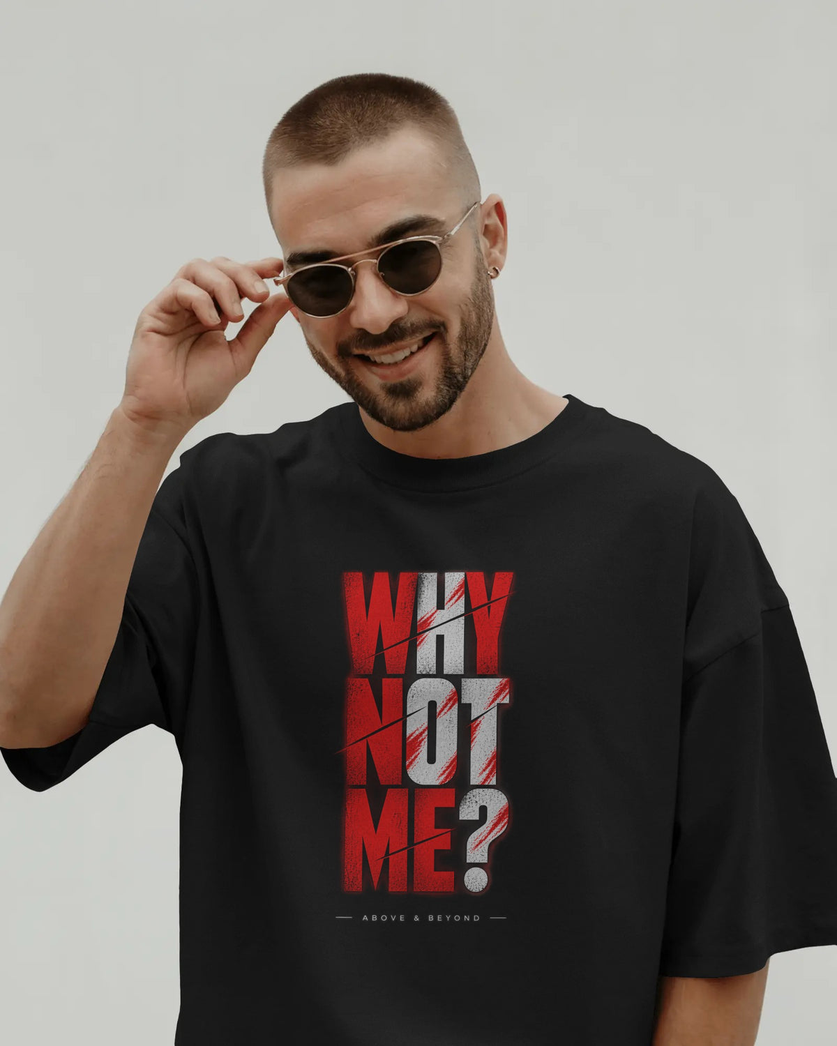 Black Why Not Me? graphic t-shirt front model view
