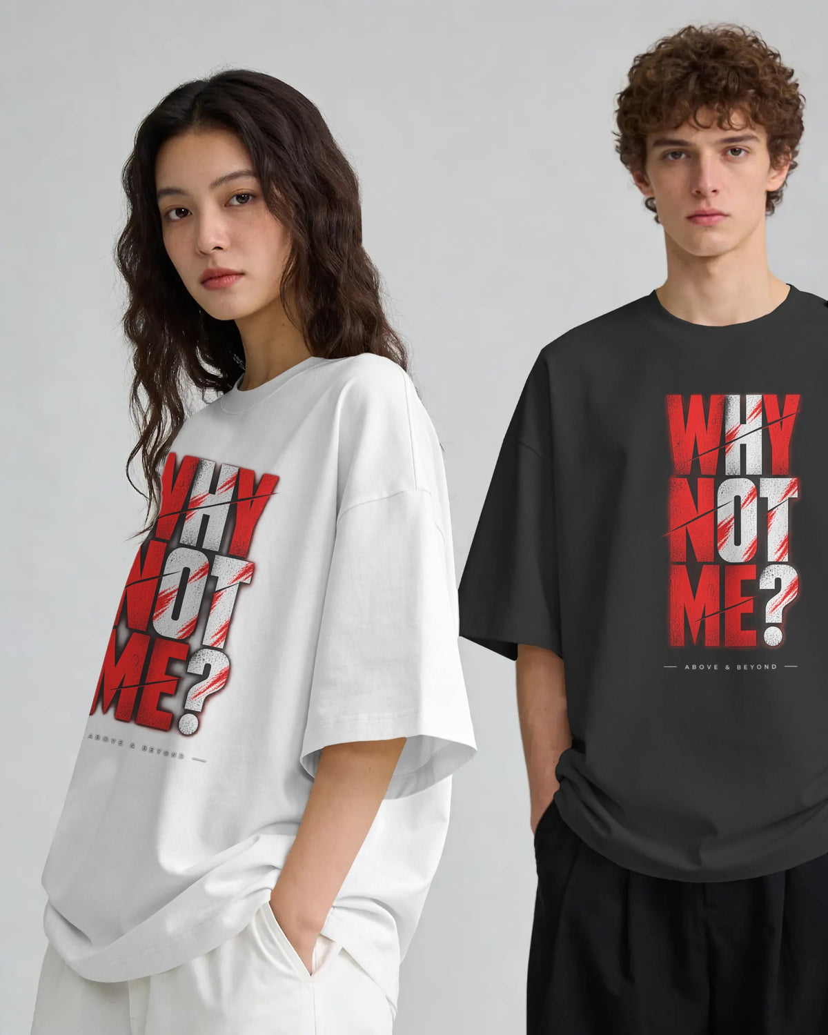 Black and white Why Not Me? graphic t-shirts on models