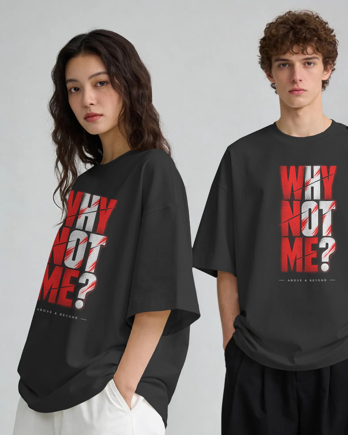 Black and white Why Not Me? graphic t-shirts on models