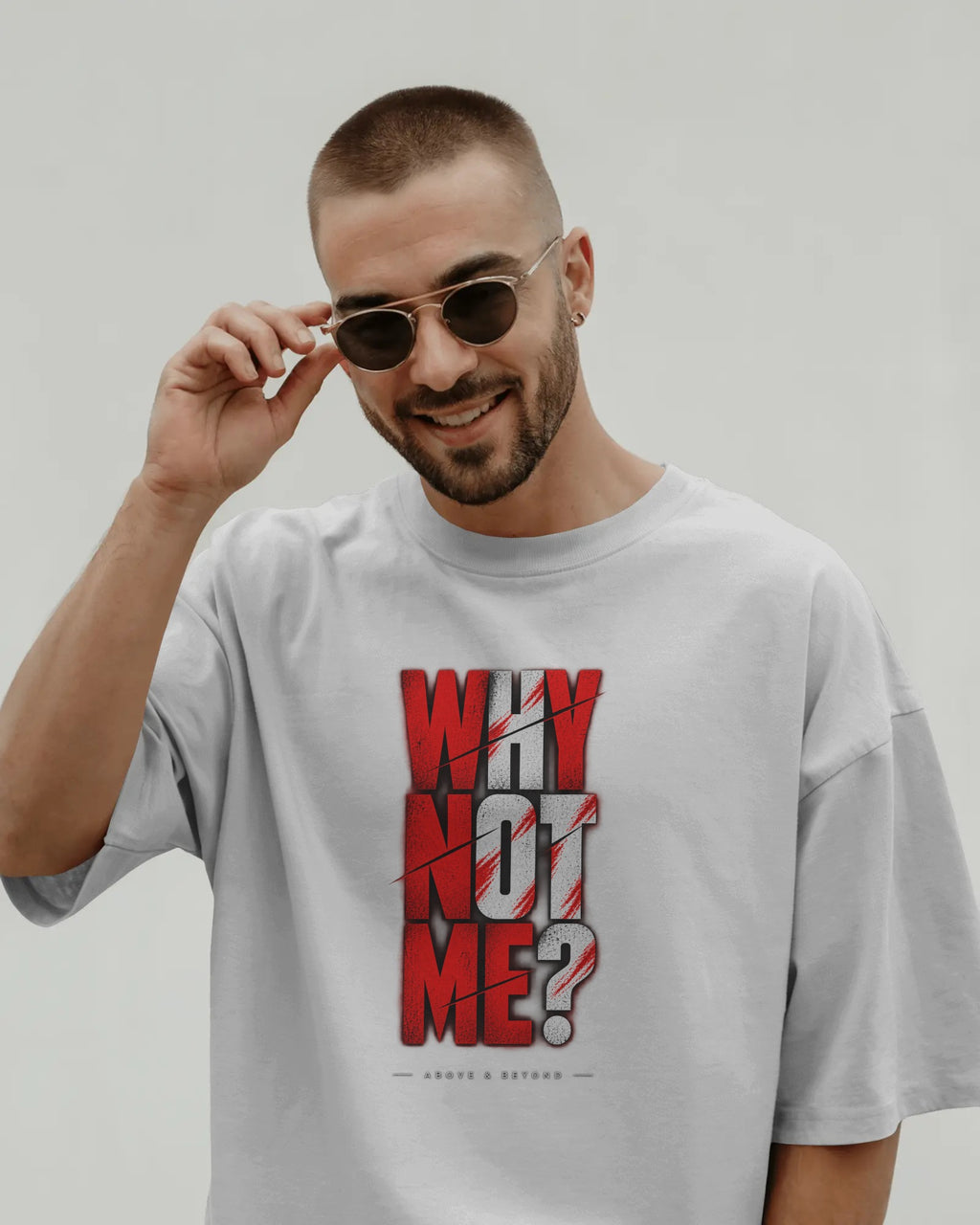 White Why Not Me? graphic t-shirt front model view